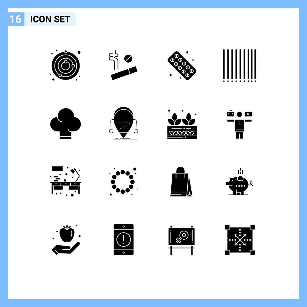 16 solide glyph concept voor websites mobiel en apps bèta hoed medisch voedsel Product bewerkbare vector ontwerp elementen