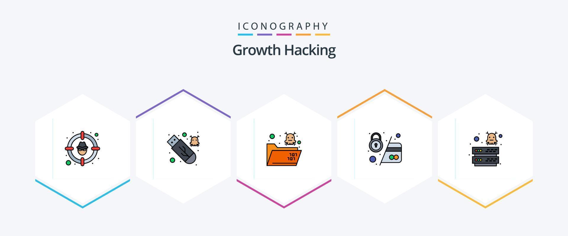 hacken 25 gevulde lijn icoon pak inclusief zeker. credit. virus. kaart. schedel vector