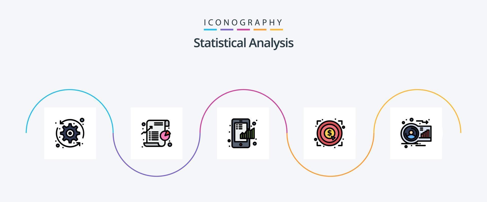 statistisch analyse lijn gevulde vlak 5 icoon pak inclusief doelwit. prestatie. statistiek. marketing. diagram vector