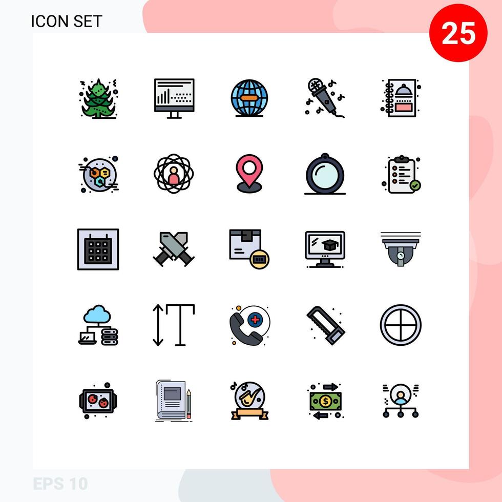 25 thematisch vector gevulde lijn vlak kleuren en bewerkbare symbolen van menu boek keuken aarde muziek- audio bewerkbare vector ontwerp elementen