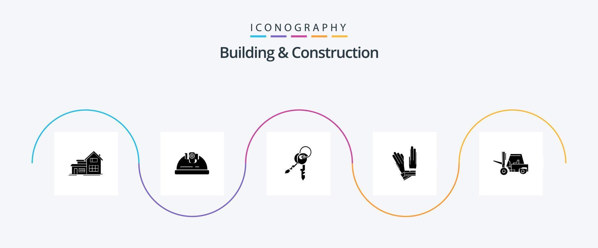 gebouw en bouw glyph 5 icoon pak inclusief hijsen. reparatie. sleutels. bouw. handschoenen vector