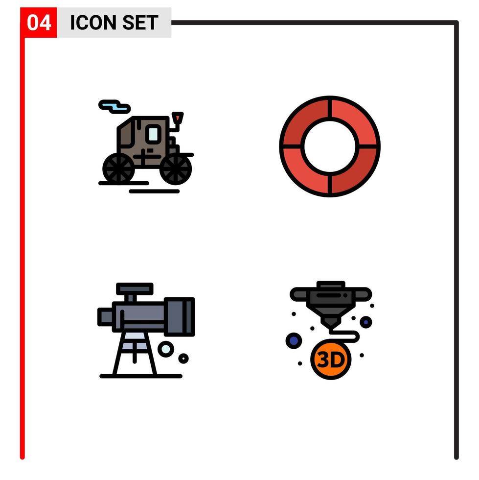 4 universeel gevulde lijn vlak kleur tekens symbolen van paard getrokken voertuig telescoop tabel astronomie machine bewerkbare vector ontwerp elementen