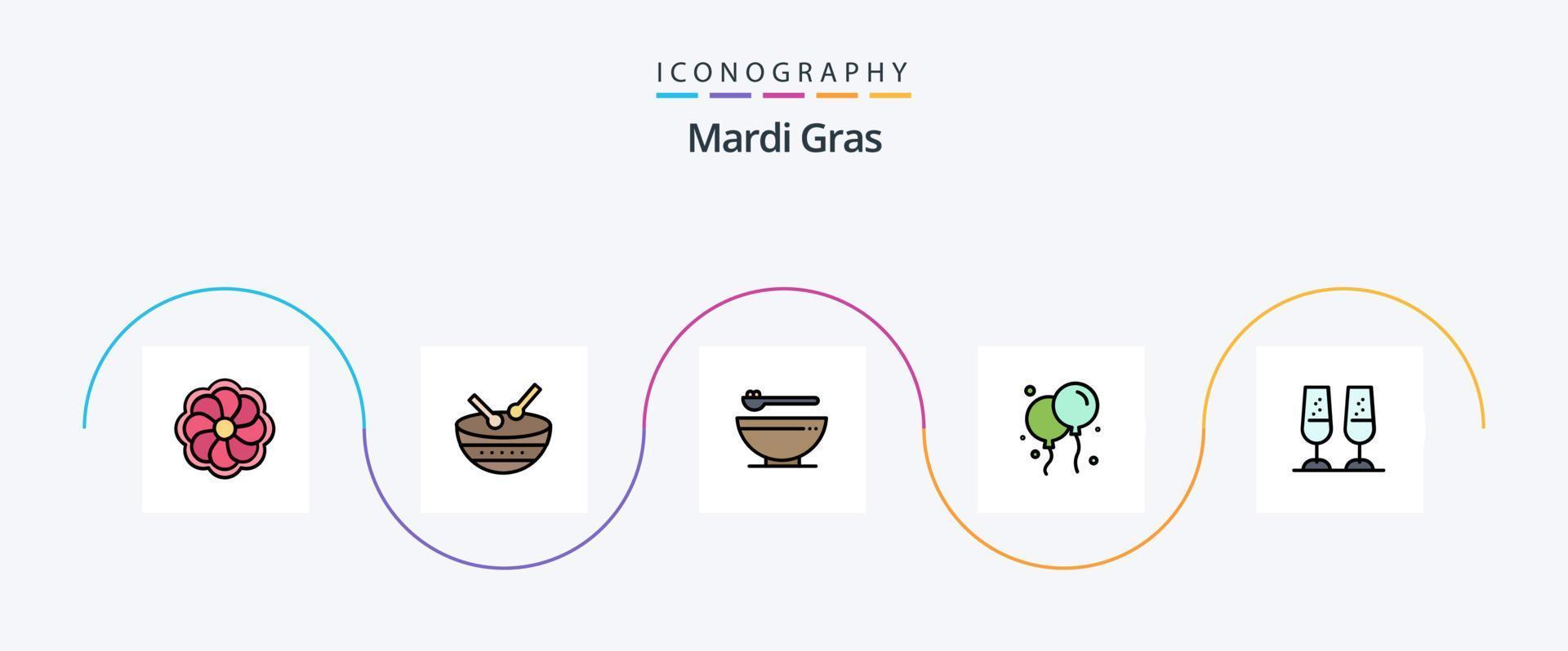 mardi gras lijn gevulde vlak 5 icoon pak inclusief roosteren. Champagne bril. voedsel. viering. vlieg vector