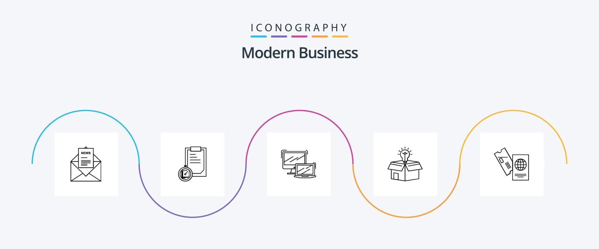 modern bedrijf lijn 5 icoon pak inclusief oplossing. bedrijf. tijd. doos. MacBook vector