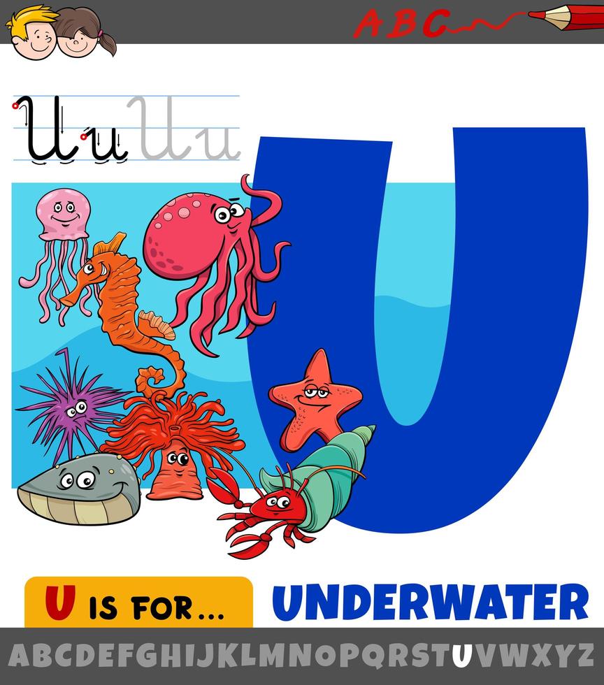 letter u uit alfabet met cartoon onderwaterdieren vector