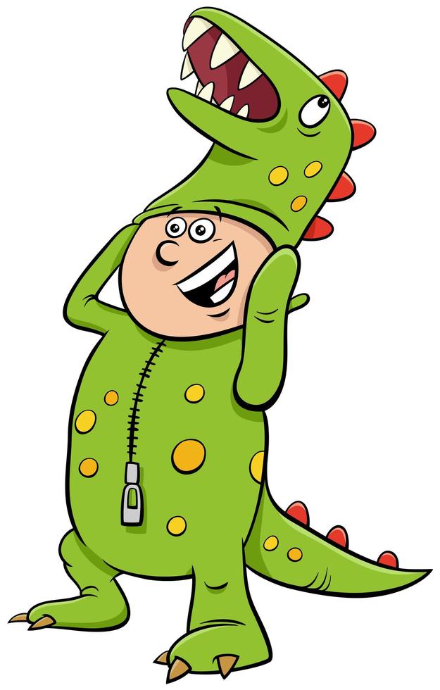 jongen in dinosaurus kostuum op halloween party cartoon afbeelding vector