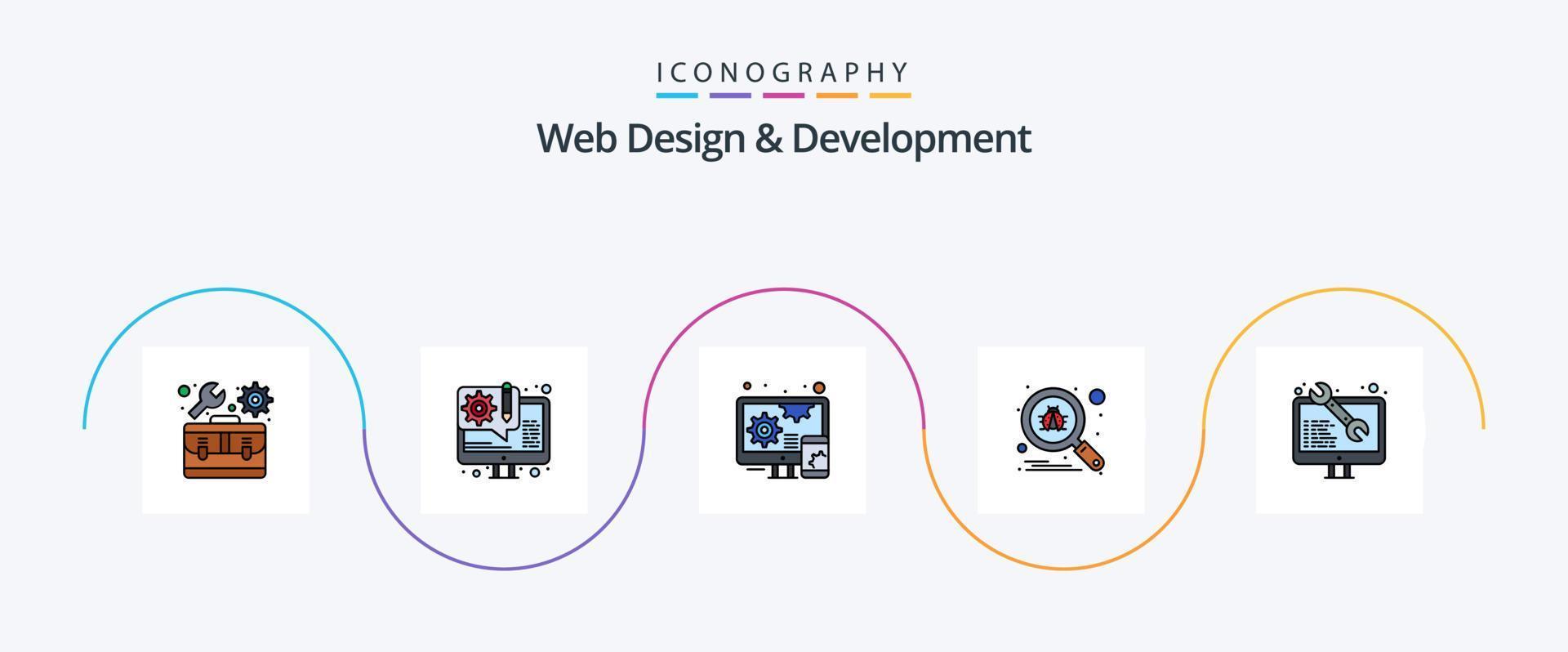 web ontwerp en ontwikkeling lijn gevulde vlak 5 icoon pak inclusief software. zeker. zoeken. kever vector