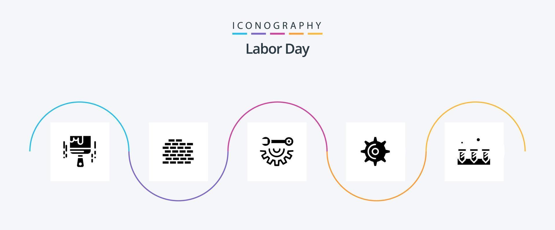 arbeid dag glyph 5 icoon pak inclusief spinnen . wiel . bakstenen. hand- gereedschap vector