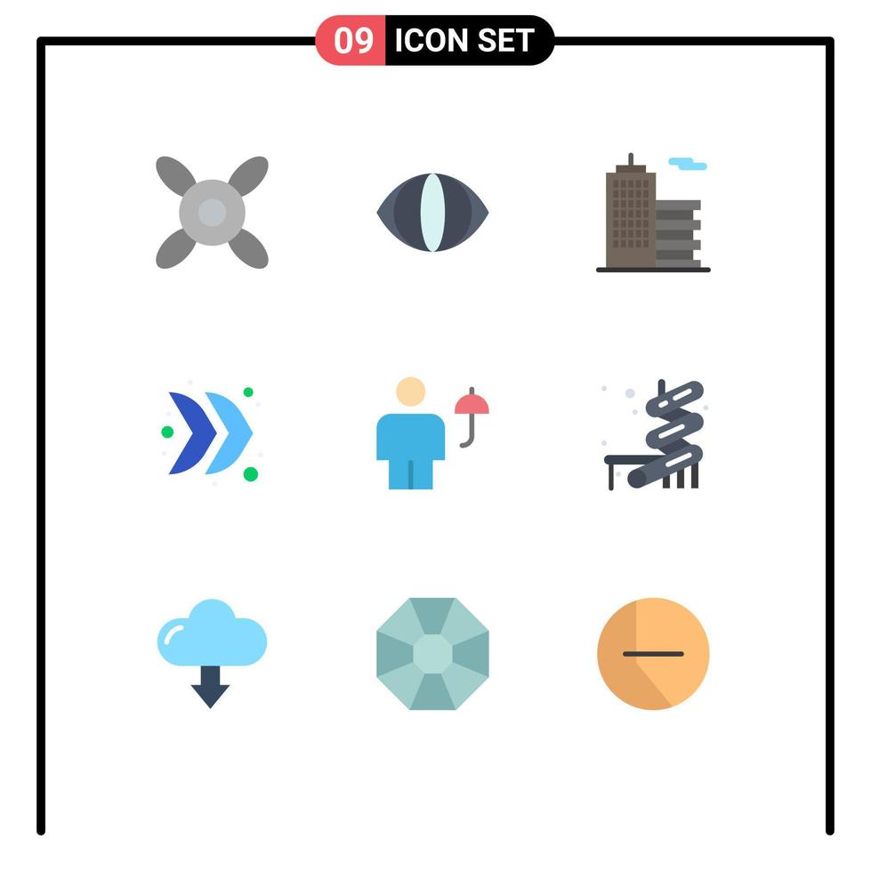 universeel icoon symbolen groep van 9 modern vlak kleuren van paraplu menselijk kantoor lichaam multimedia bewerkbare vector ontwerp elementen
