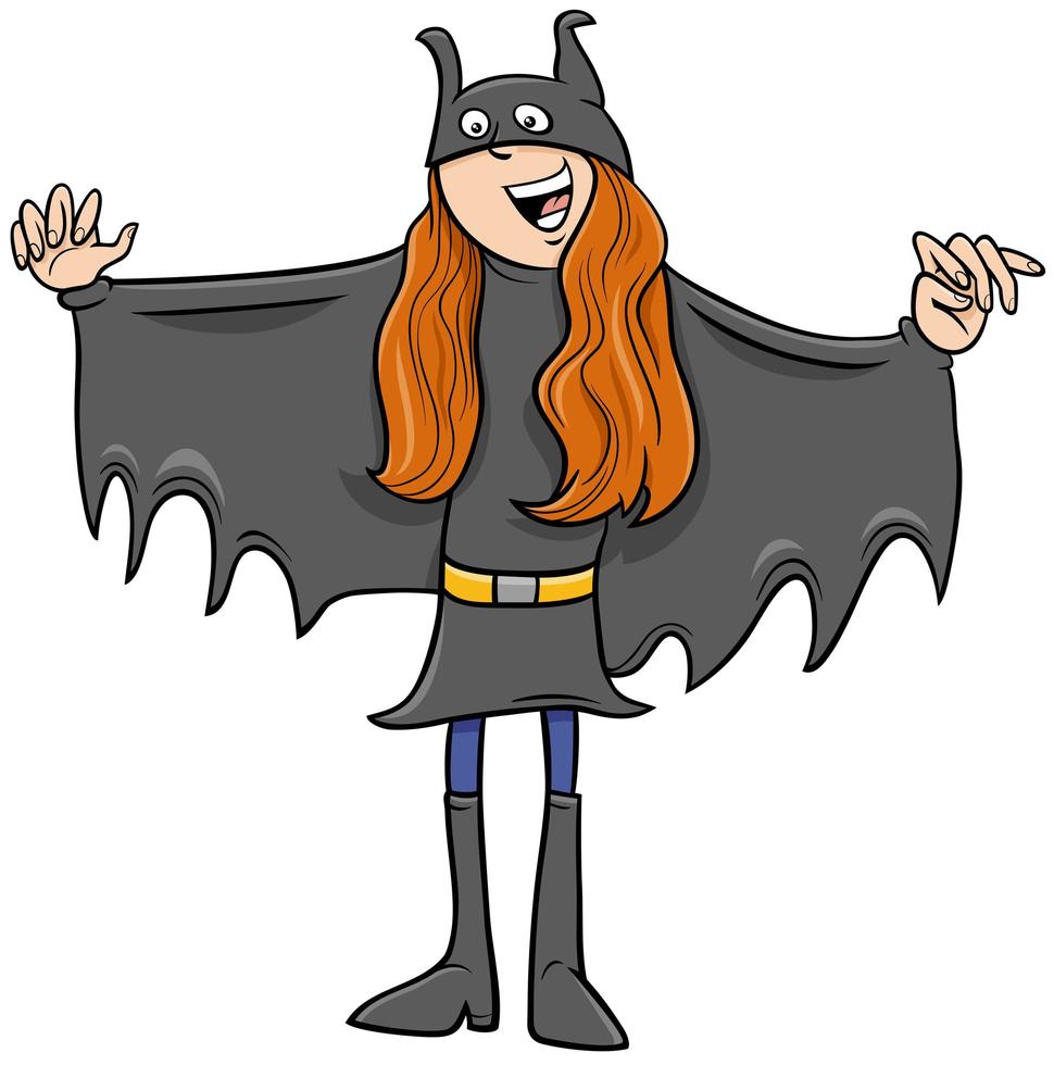 meisje in superheld kostuum op halloween party cartoon afbeelding vector