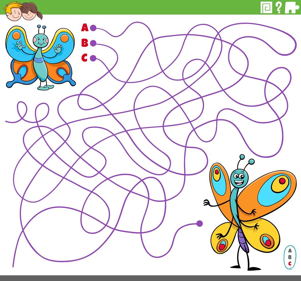 educatief doolhofspel met cartoonvlinders vector