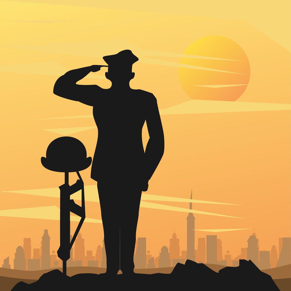 militaire officier met helm op geweer op zonsondergangscène vector