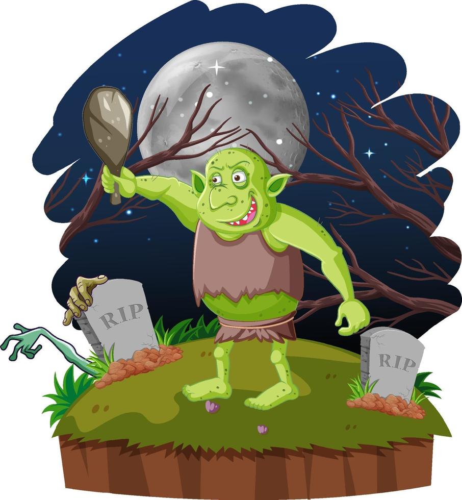 nachtscène met goblin of trol stripfiguur vector