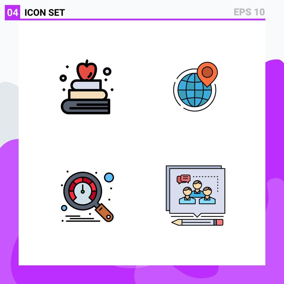 4 universeel gevulde lijn vlak kleur tekens symbolen van appel dashboard wereldbol kantoor snelheidsmeter bewerkbare vector ontwerp elementen