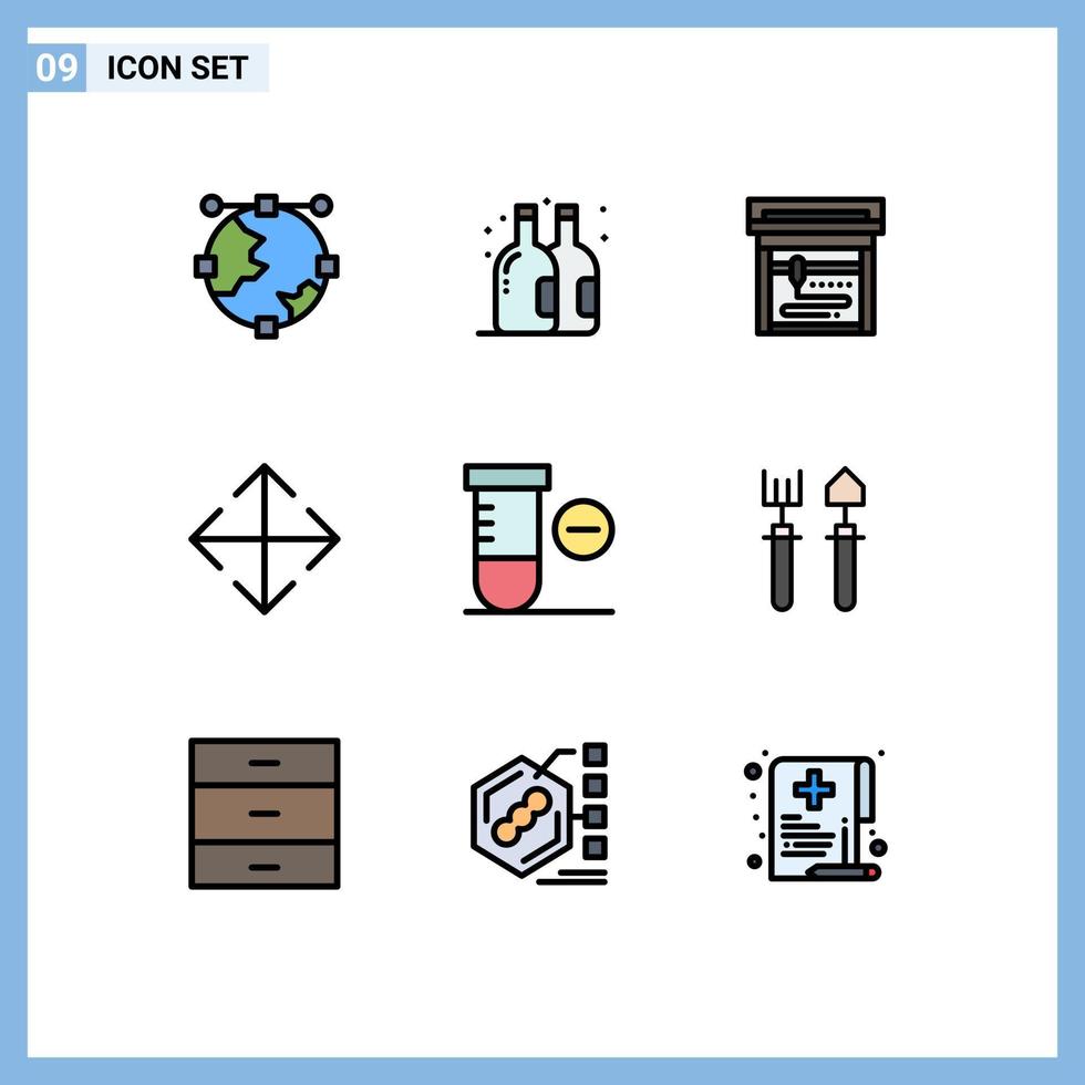 groep van 9 gevulde lijn vlak kleuren tekens en symbolen voor tuinman ruimte machine wetenschap transformeren bewerkbare vector ontwerp elementen