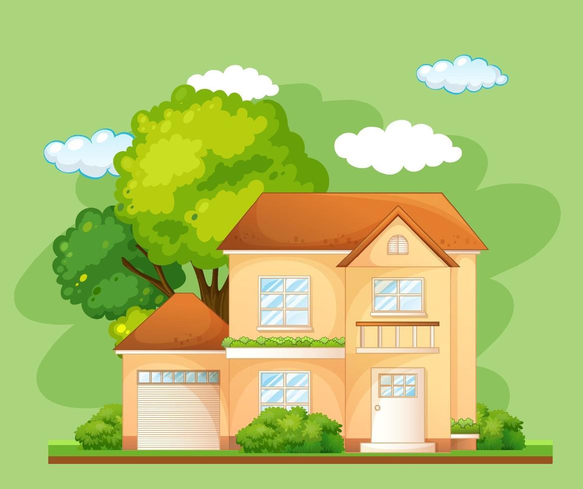 voorkant van een huis met veel boom op groene achtergrond vector