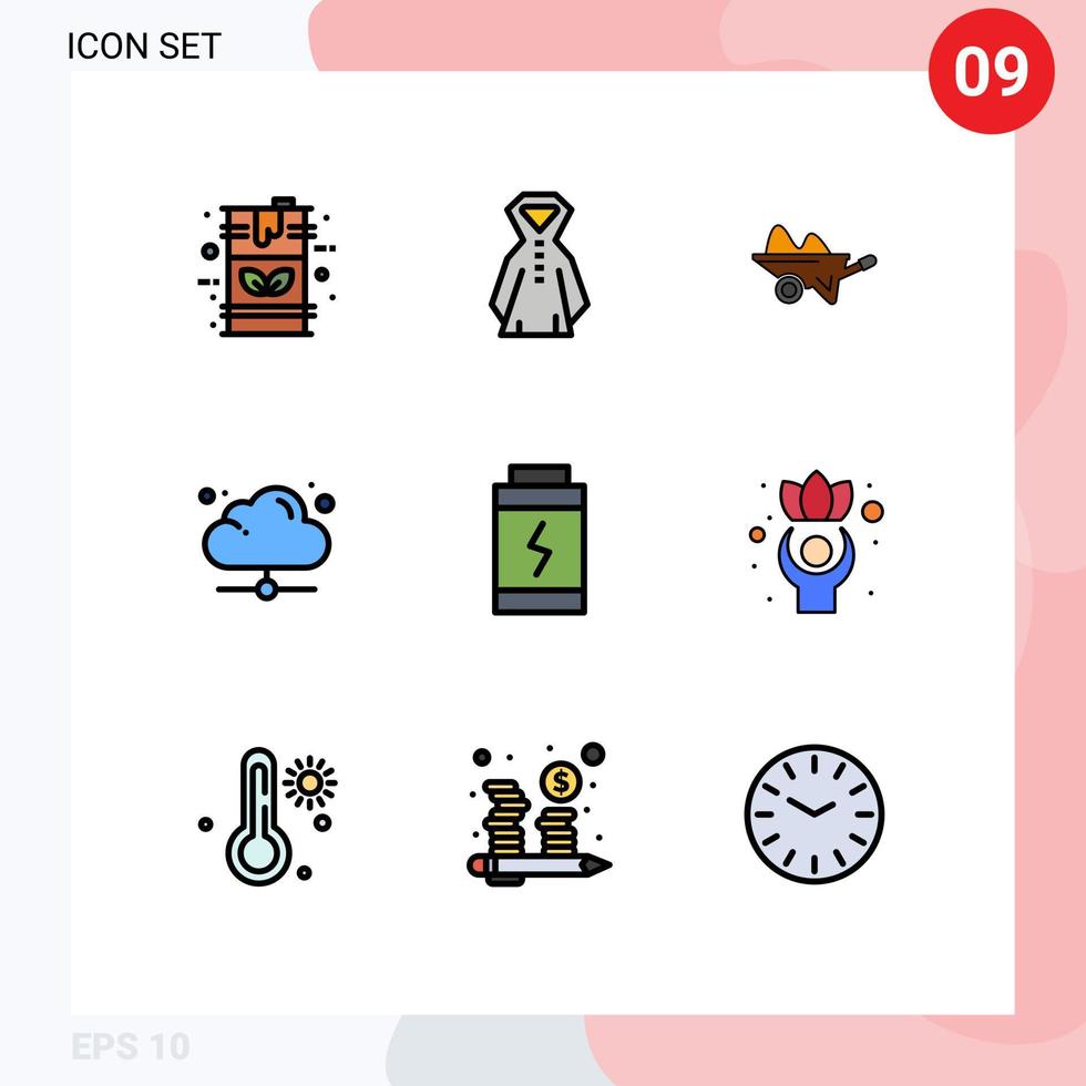 9 universeel gevulde lijn vlak kleuren reeks voor web en mobiel toepassingen online technologie kruiwagen wolk tuinieren bewerkbare vector ontwerp elementen