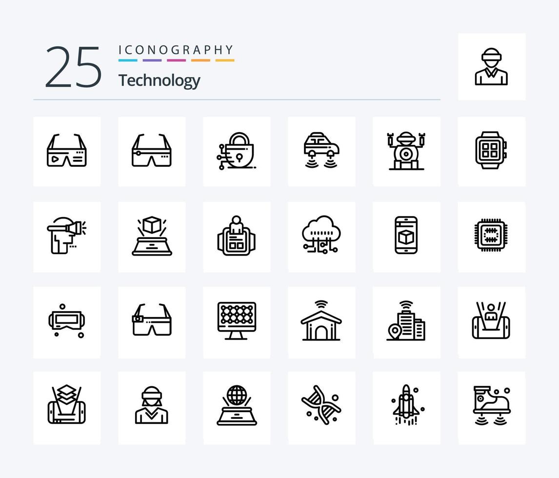 technologie 25 lijn icoon pak inclusief huis. speelgoed. auto. technologie. Wifi vector
