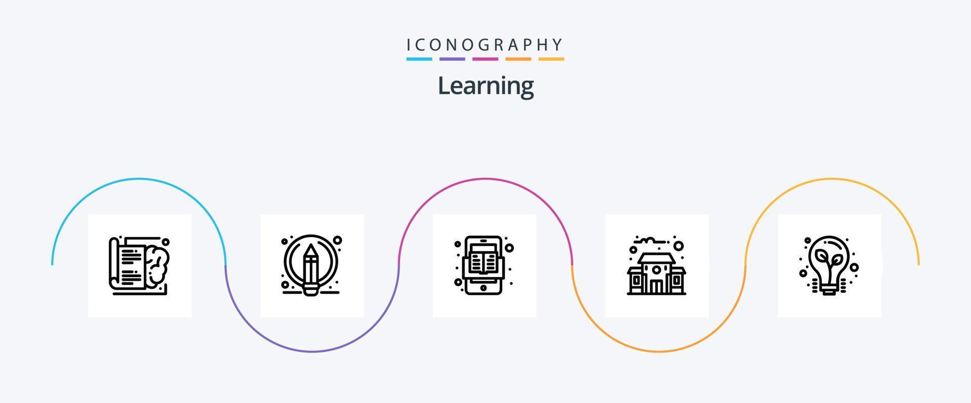 aan het leren lijn 5 icoon pak inclusief licht lamp. lamp. boek. school. gebouw vector