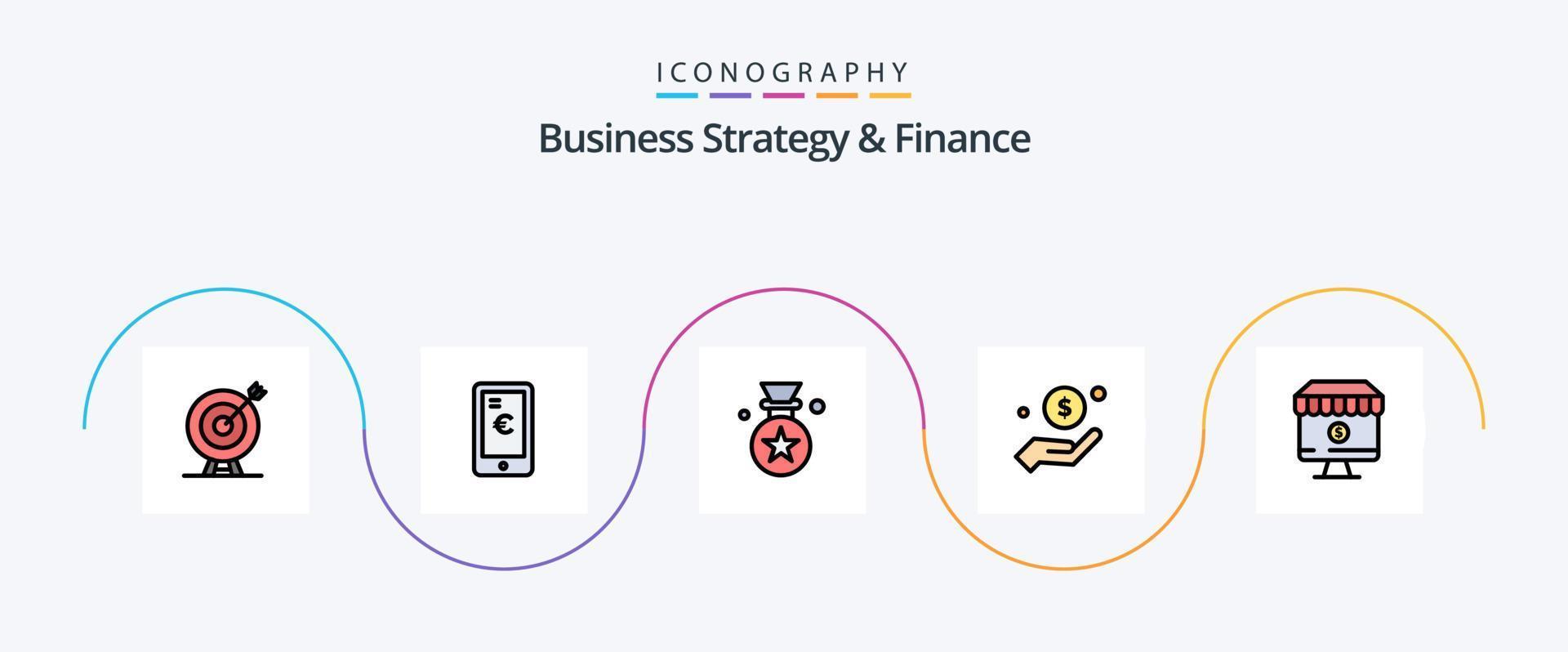 bedrijf strategie en financiën lijn gevulde vlak 5 icoon pak inclusief helpen. hand. winkelen. geld. prijs vector