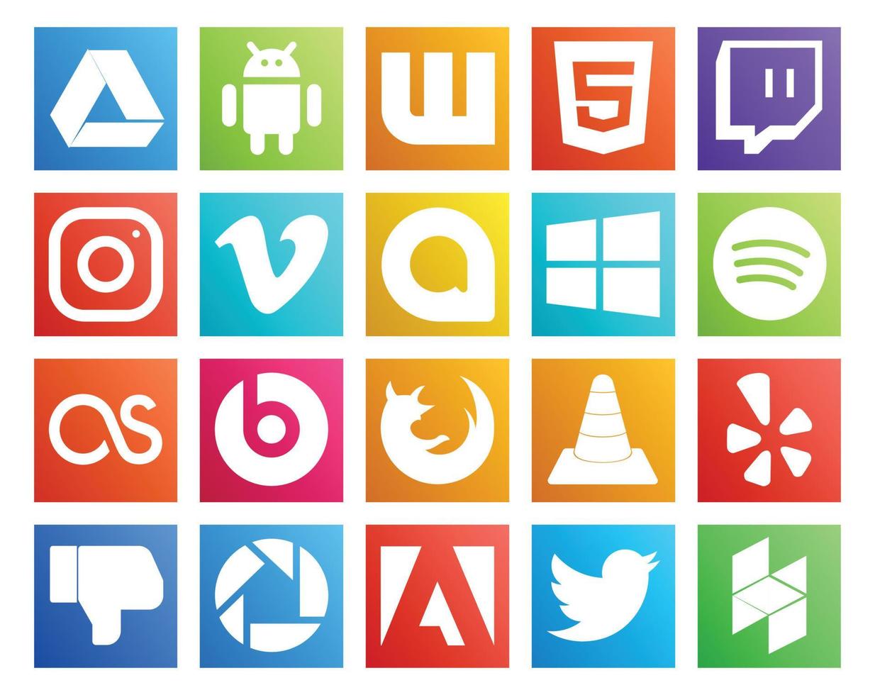20 sociaal media icoon pak inclusief speler vlc google allo browser beats pil vector