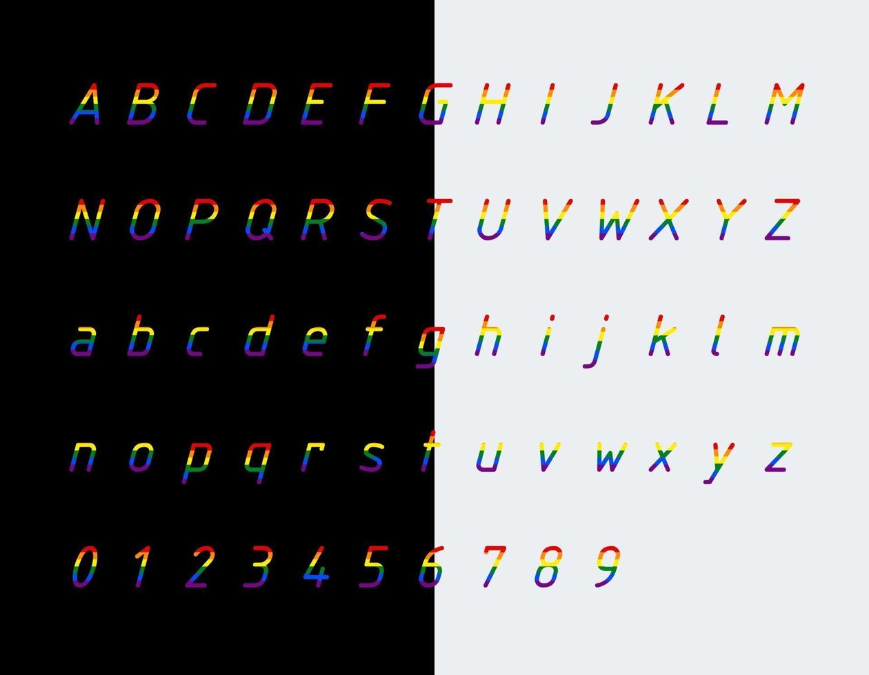 regenboogvlag kleuren lettertype, letters en cijfers vector