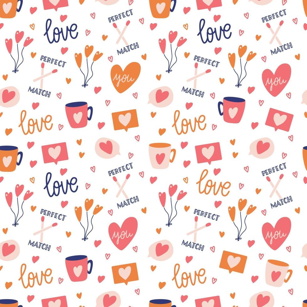 naadloze patroon met grote verzameling liefdesvoorwerpen en symbolen voor gelukkige Valentijnsdag. kleurrijke vlakke afbeelding. vector