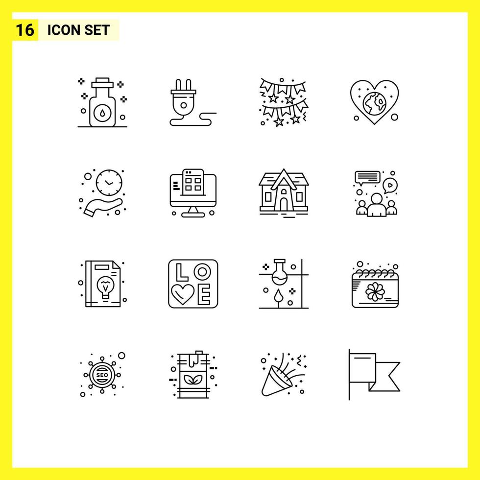 pictogram reeks van 16 gemakkelijk contouren van klok liefde boog wereld aarde bewerkbare vector ontwerp elementen