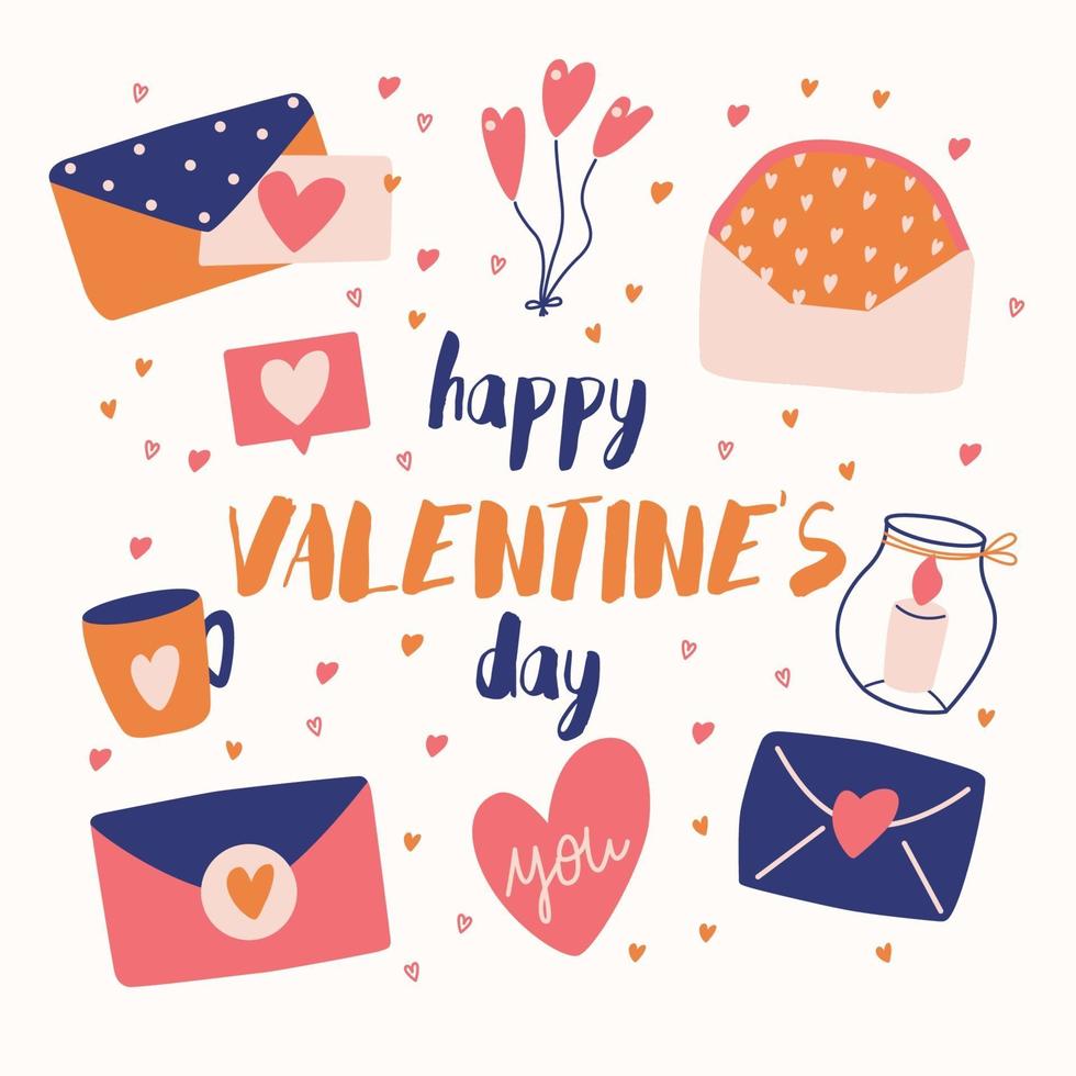 grote verzameling liefdesobjecten en symbolen voor gelukkige Valentijnsdag. kleurrijke vlakke afbeelding. vector