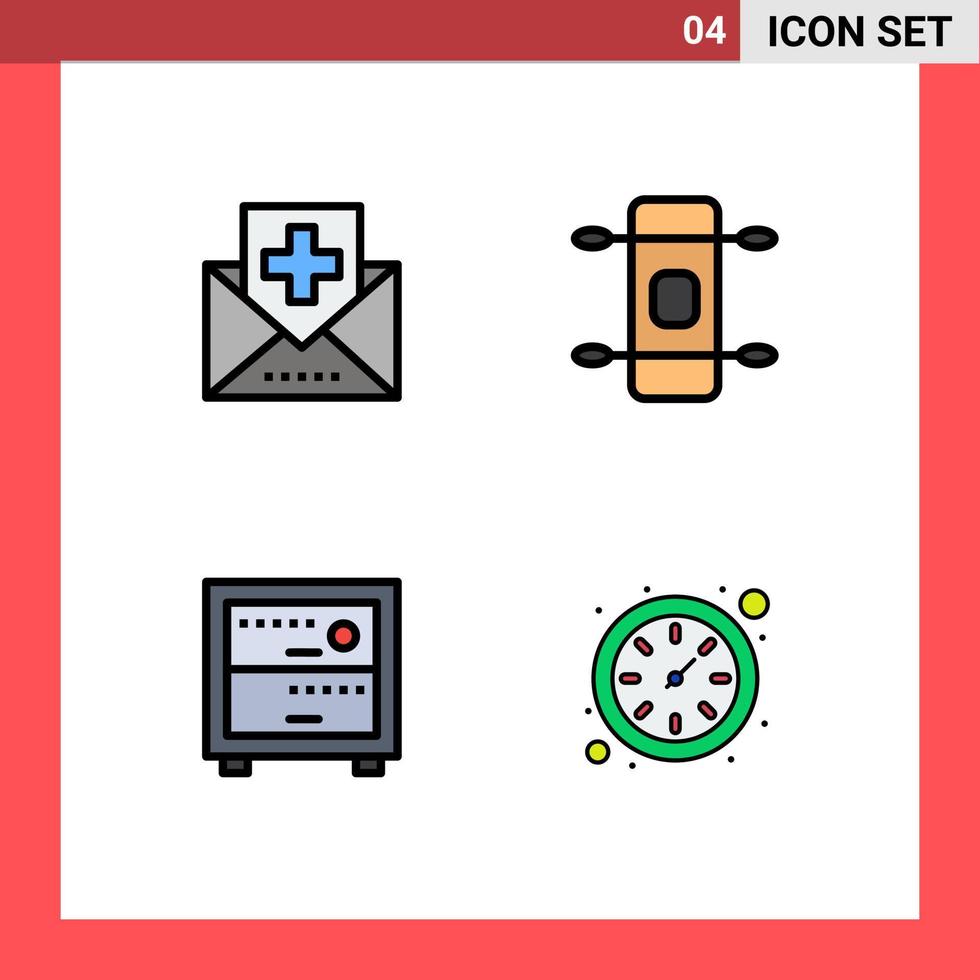 4 gevulde lijn vlak kleur concept voor websites mobiel en apps ziekte kantoor mail skateboard klok bewerkbare vector ontwerp elementen