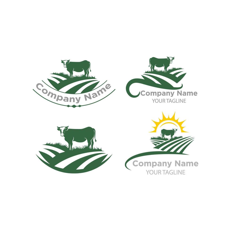 boerderij dier logo reeks geïsoleerd Aan een wit achtergrond. vector symbool met boerderij, koe en veld- voor natuurlijk boerderij produceren.