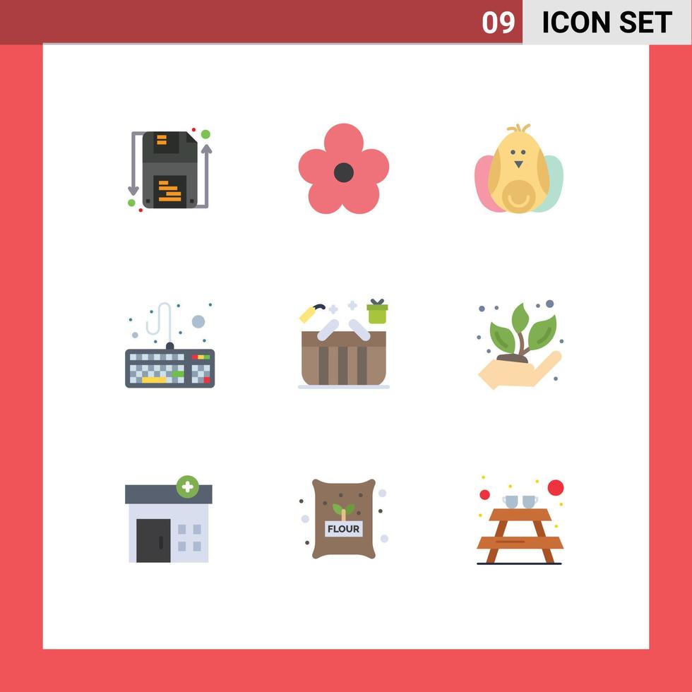 9 vlak kleur concept voor websites mobiel en apps geschenk mand kip toetsenbord computer bewerkbare vector ontwerp elementen