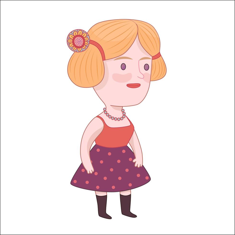jonge blonde staande vrouw, gekleed in een gestippelde paarse rok vector