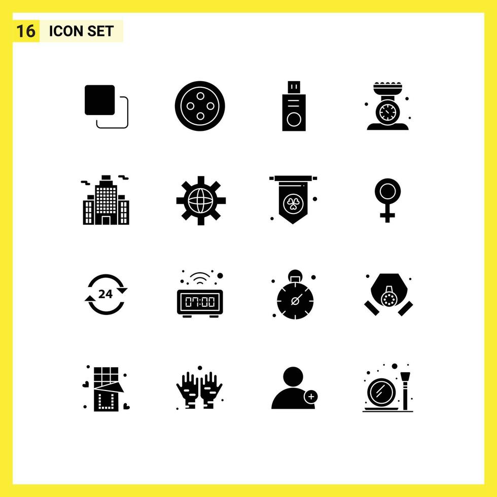 modern reeks van 16 solide glyphs pictogram van wereld stad USB gebouw keuken schaal bewerkbare vector ontwerp elementen