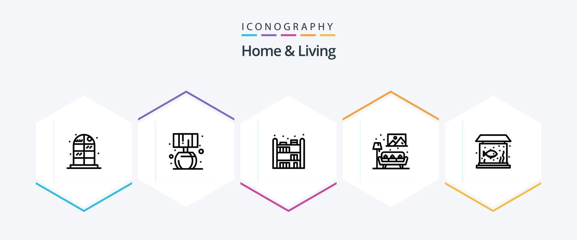 huis en leven 25 lijn icoon pak inclusief . vis. boekenplank. leven. beeld vector