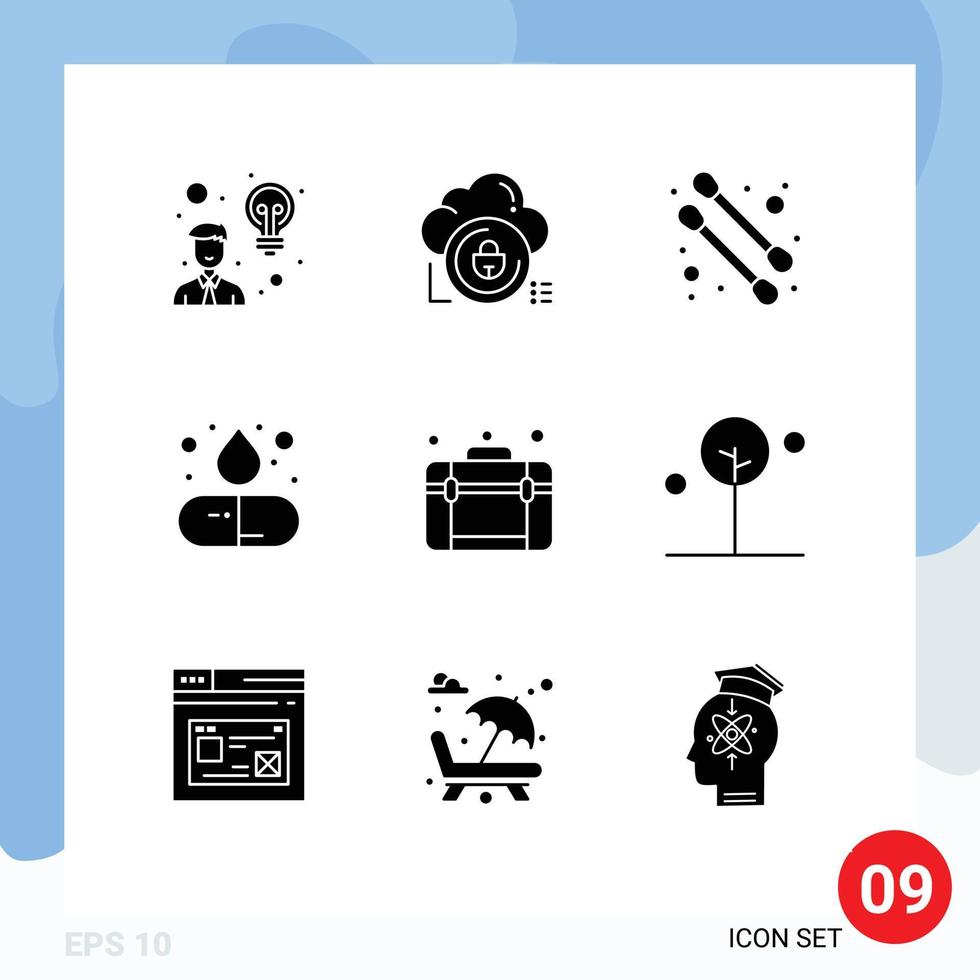 modern reeks van 9 solide glyphs pictogram van reizen zak privaat geneeskunde drug bewerkbare vector ontwerp elementen