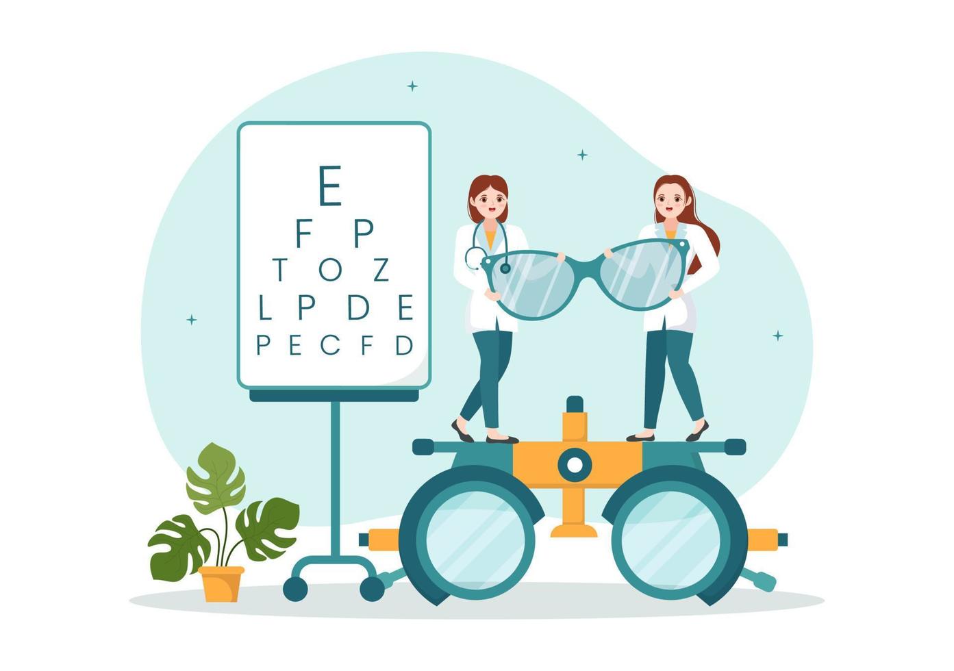 optometrist met oogarts cheques geduldig zicht, optisch oog test en bril technologie in vlak tekenfilm hand- getrokken Sjablonen illustratie vector