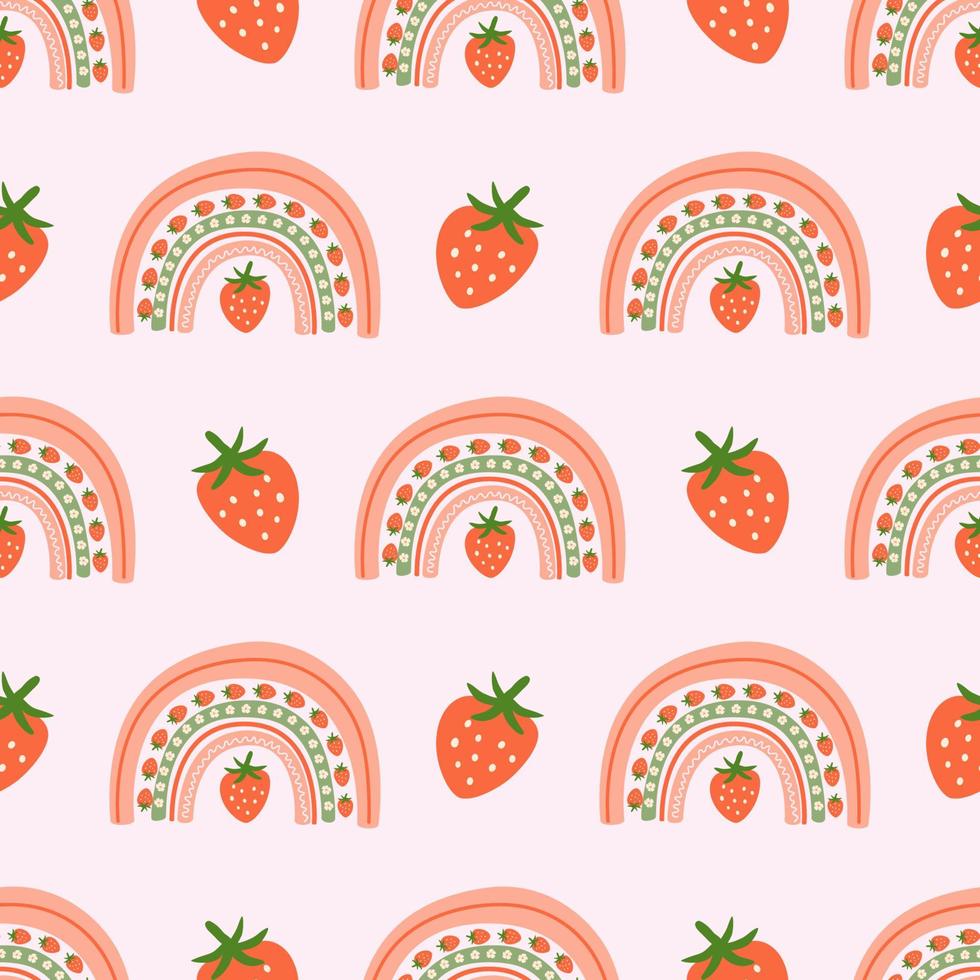 aardbei naadloos patroon. schattig zomer bessen gemakkelijk hand- getrokken illustratie. aardbei afdrukken, roze zomer fruit kleding stof, omhulsel papier, vector BES achtergrond.