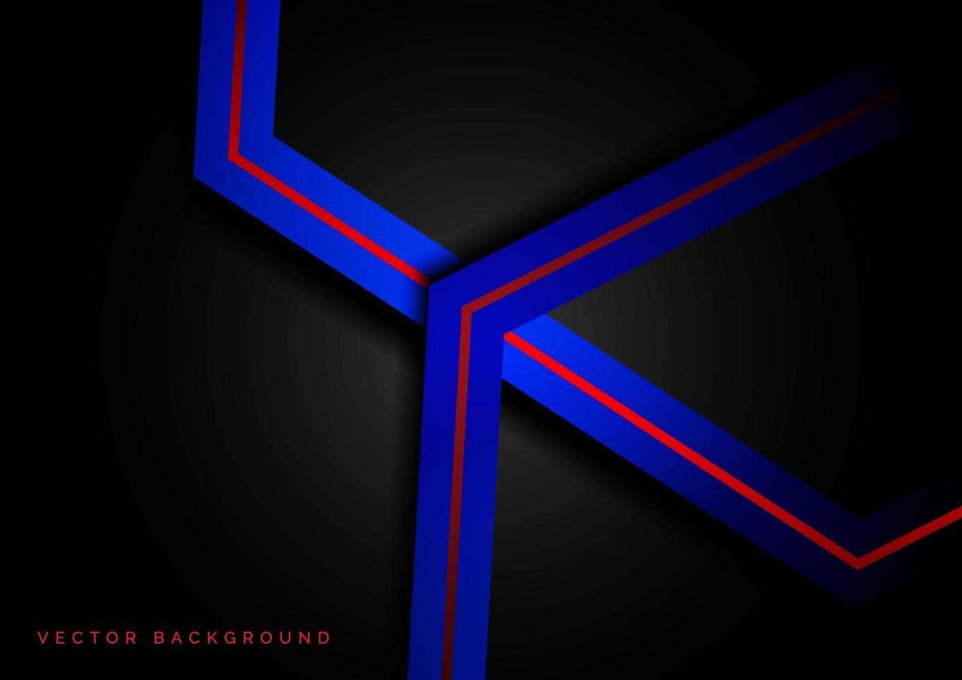 abstracte donkerblauwe geometrische zeshoek met rode lijnen die laag op zwarte achtergrond overlappen. vector