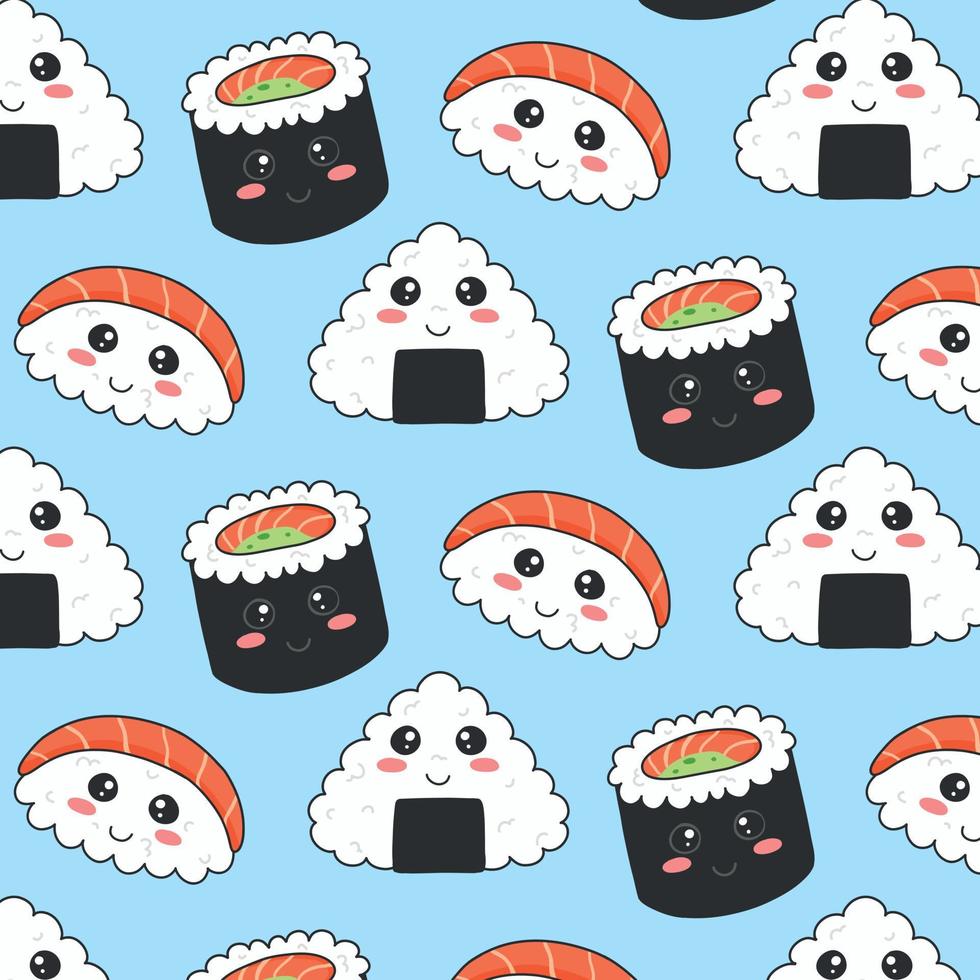 naadloos patroon met sushi in kawaii stijl. sushi in kawaii stijl. schattig tekenfilm gezicht broodjes. vector illustratie.