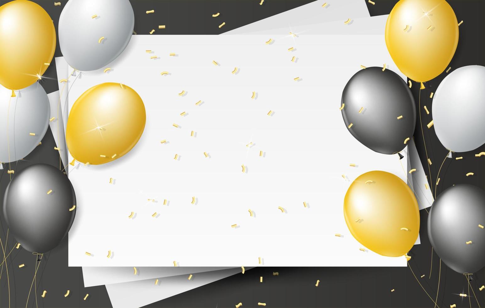 zwart, wit en goud ballonnen Aan een zwart achtergrond. achtergrond met feestelijk realistisch 3d ballonnen met lint en goud schitteren confetti.plaats voor uw tekst. sjabloon voor ansichtkaart, uitnodiging, banier vector