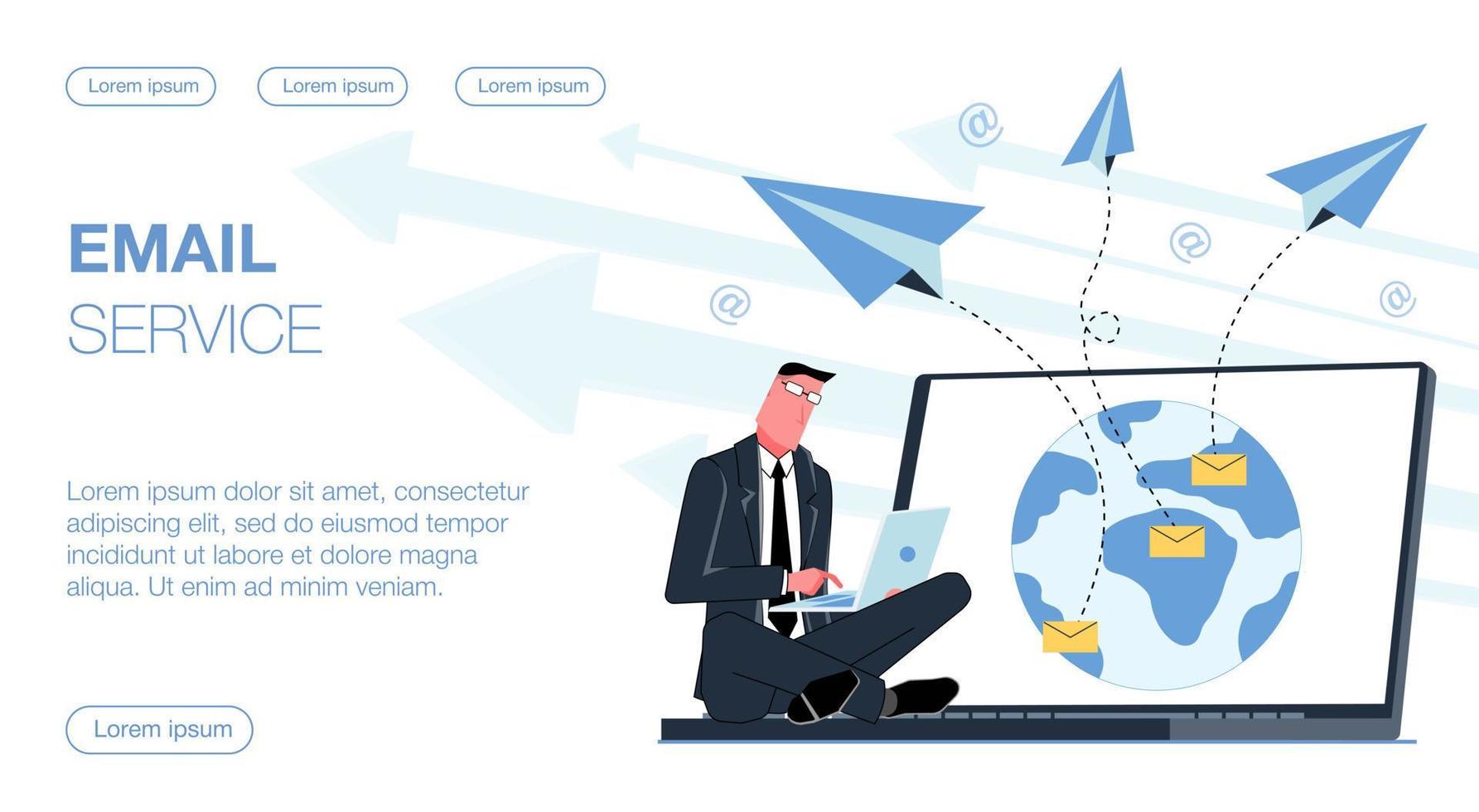 een geslaagd zakenman zit Aan zijn laptop en stuurt een e-mail door zijn computer naar een e-mailservice berichten onderhoud in de omgeving van de wereld Aan de planeet aarde scherm vector vlak illustratie