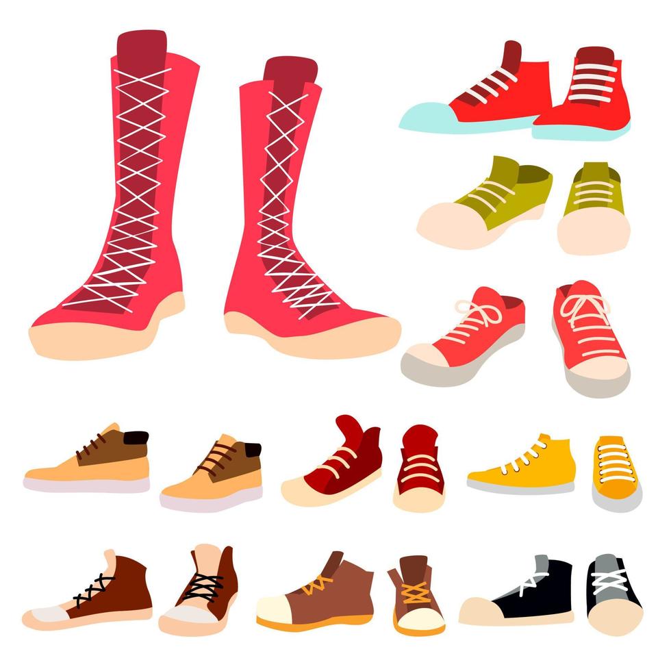 sportschoenen reeks vector. paar- van gewoontjes nieuw sport schoenen. voet dragen, schoen, schoenveter. voor rennen, sport. geïsoleerd illustratie vector