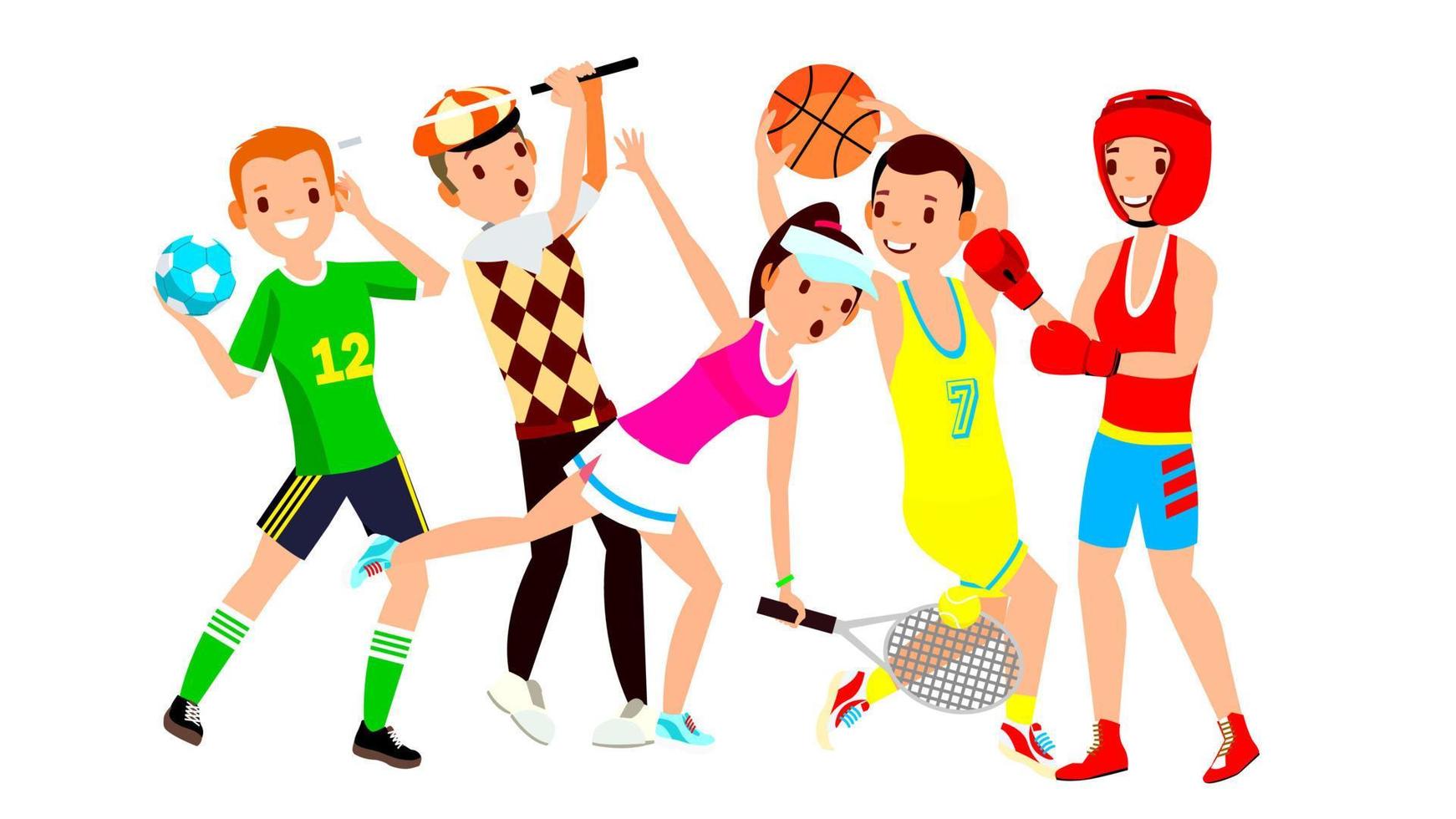 atleet reeks vector. Mens, vrouw. handbal, golf, tennis, basketbal, boksen. groep van sport- mensen in uniform, kleding. sportman karakter in spel actie. vlak tekenfilm illustratie vector