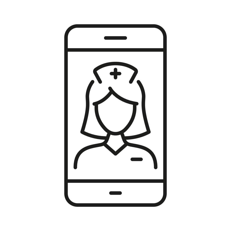 gezondheidszorg in mobiel telefoon schets symbool. arts online overleg. afgelegen virtueel dokter vrouw pictogram. medisch onderhoud in smartphone lijn icoon. bewerkbare hartinfarct. geïsoleerd vector illustratie.