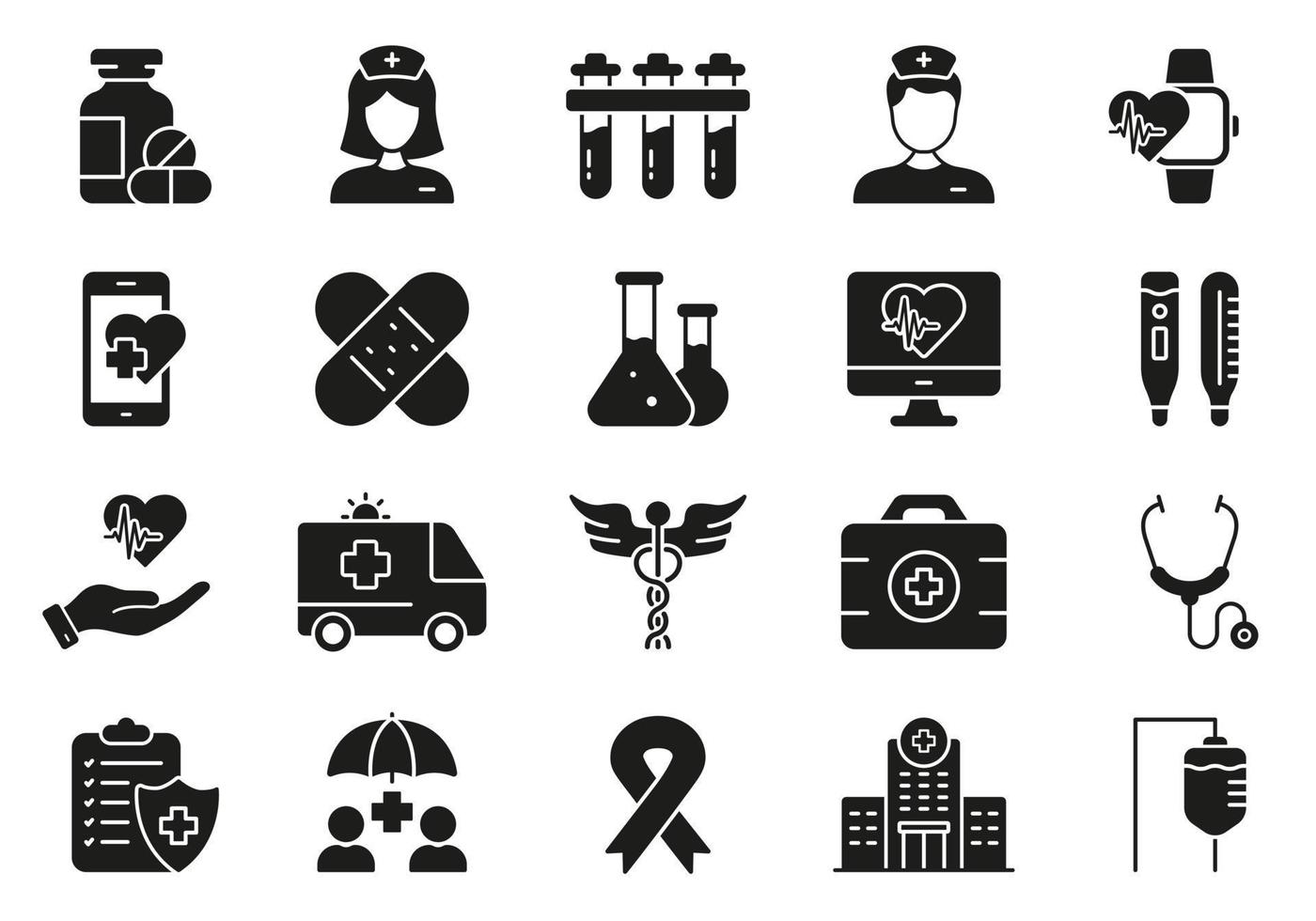 medicijnen silhouet icoon set. apotheek kliniek, geneeskunde behandeling glyph pictogram. ziekenhuis overleg icoon. gezondheidszorg uitrusting symbool. noodgeval eerste hulp. geïsoleerd vector illustratie.