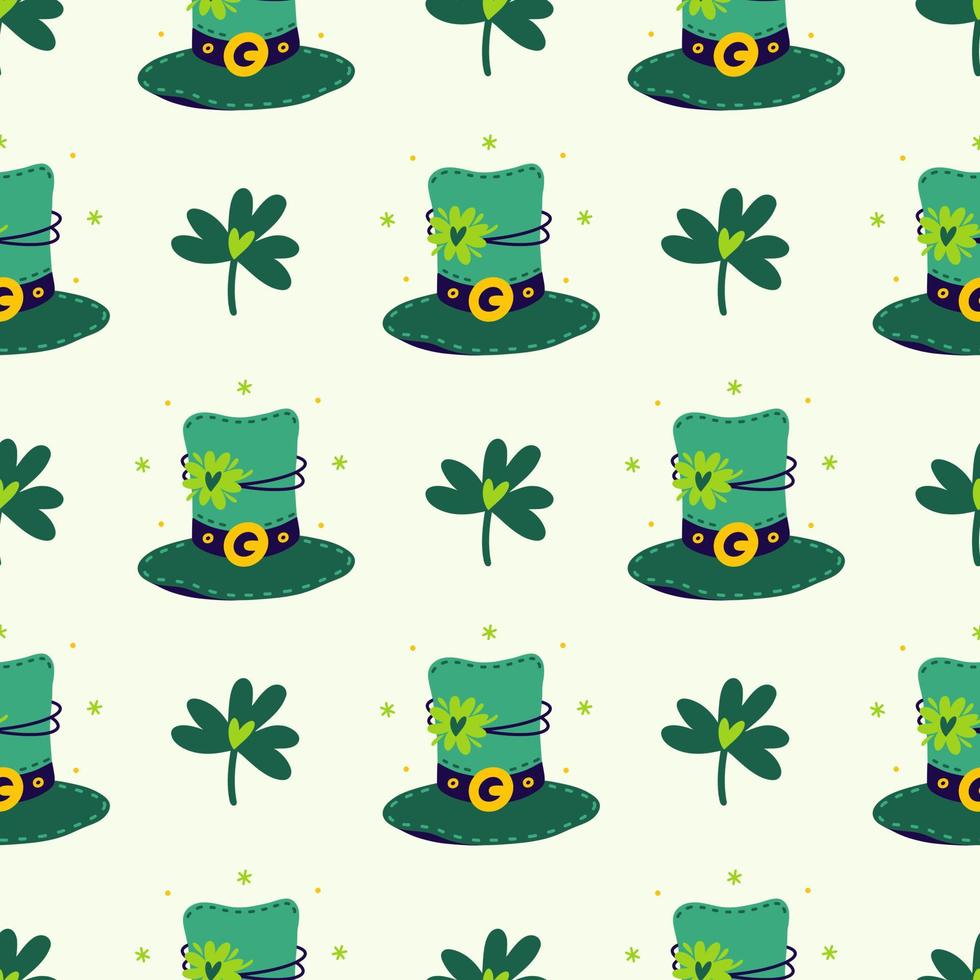 groen elf van Ierse folklore top hoeden met Klaver bladeren. naadloos vector patroon. hoofdtooi met gouden gesp en vierpas. klaver met een hart voor mooi zo geluk. achtergrond voor st. Patrick dag kaarten, prints
