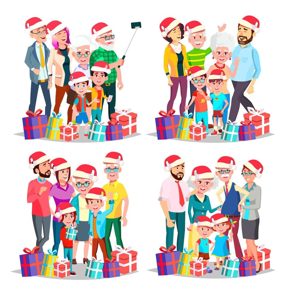 Kerstmis familie reeks vector. groot vol gelukkig familie portret. vader, moeder, kinderen, grootouders in de kerstman hoeden. traditioneel evenement. winter vakantie. december vooravond. vieren. vrolijk. illustratie vector