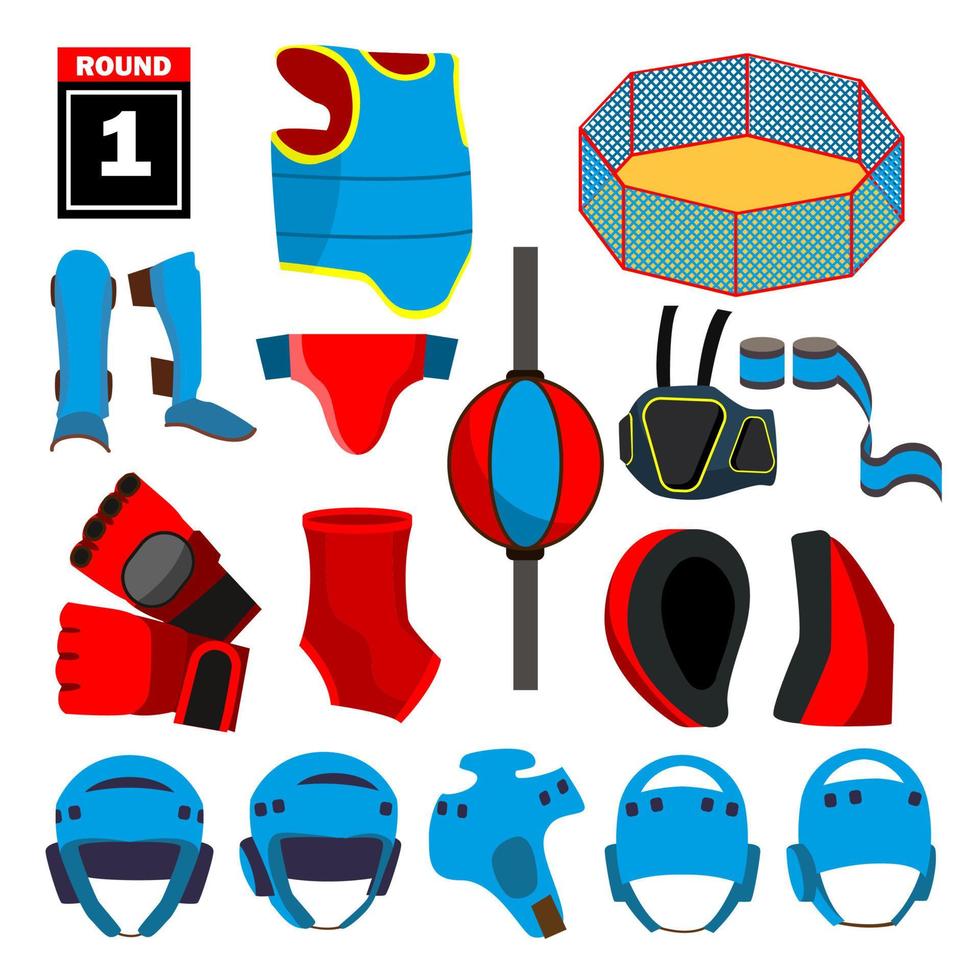 mma pictogrammen reeks vector. mma accessoires. ronde, arena, ring, handschoenen, helm, riem. geïsoleerd vlak tekenfilm illustratie vector