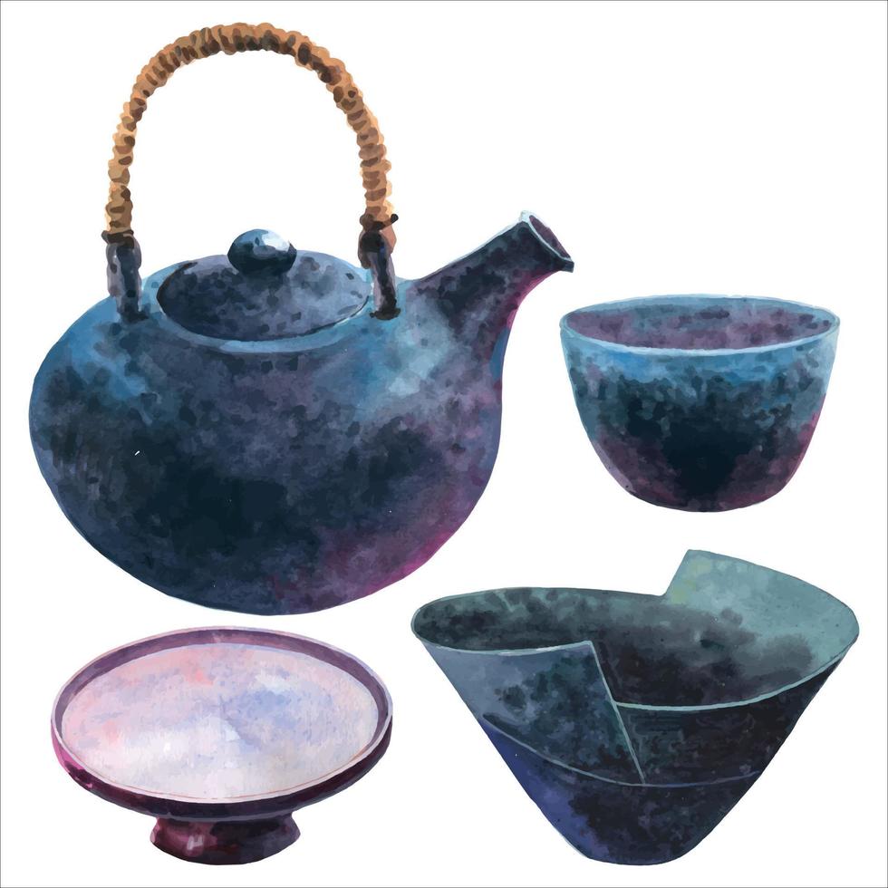 waterverf Aziatisch thee reeks met dack blauw theepot, blauw kop van thee, keramisch vaas en bord, isoleren Aan wit achtergrond. vector